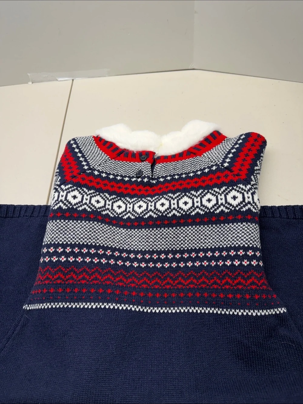 Gymboree Navy, Red & White Fair Isle Knit Dress with Faux Fur Collar